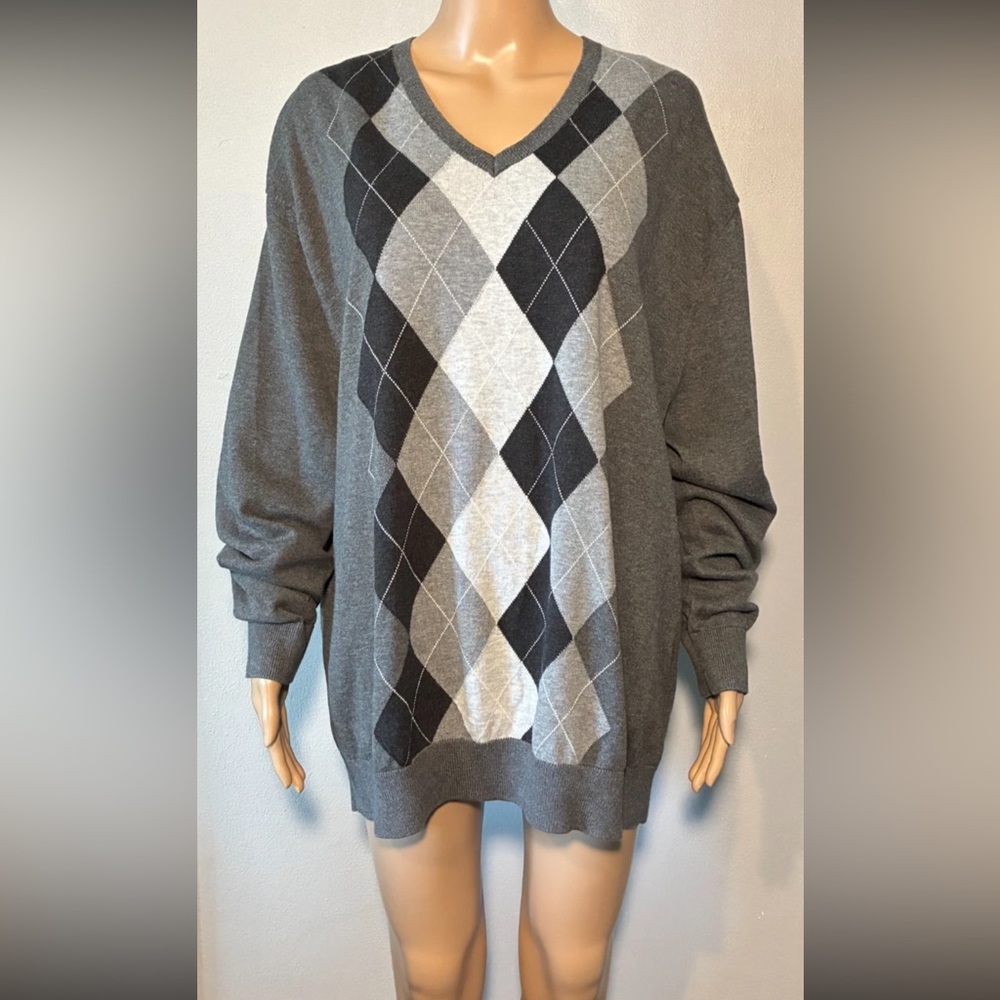Claiborne Men's Sweater Size3XLT Gray Argyle V-Neck Knit 100% Cotton Lightweight